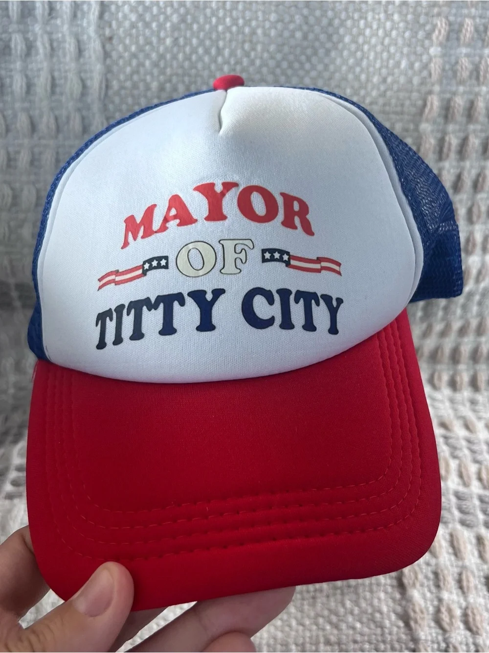 Patriotic 'Mayor of Titty City' Trucker Hat - Red White Blue